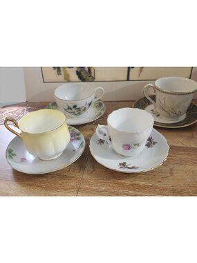 Vintage Mismatched China Greens & Yellows Tea Cups & Saucers Florals Tea Party S